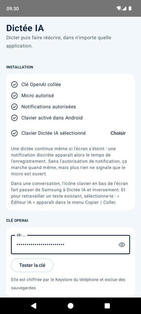 Dictée IA — installation (capture d'écran)