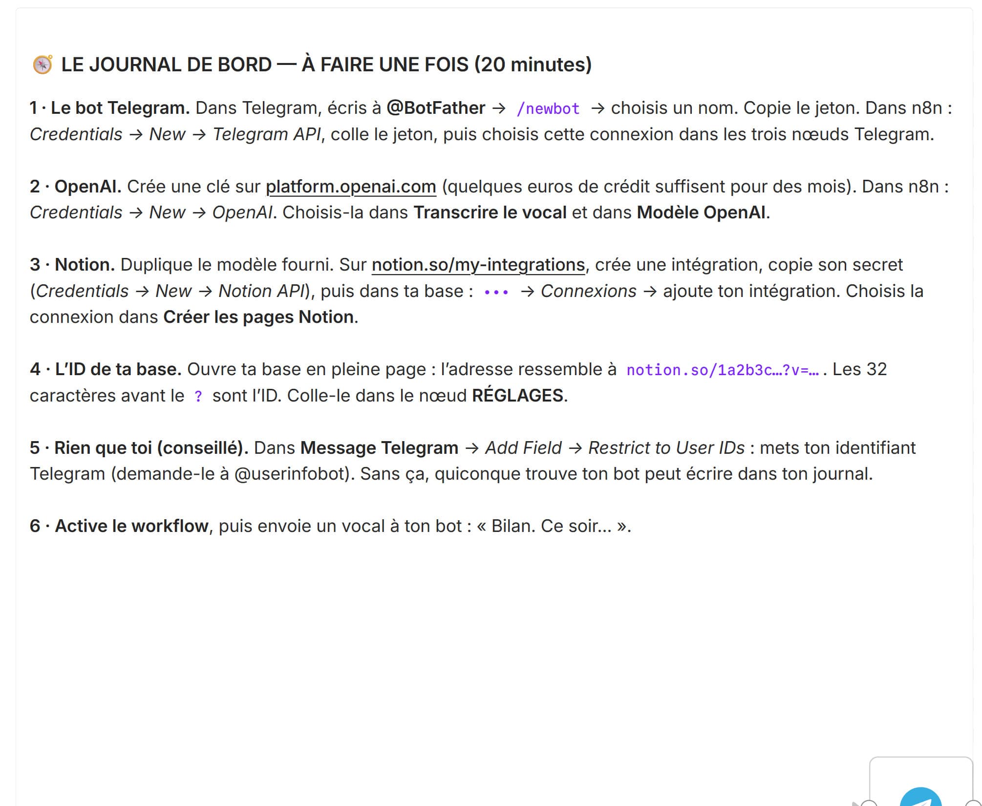 Le Journal de Bord — la notice dans le workflow (capture du canevas n8n)