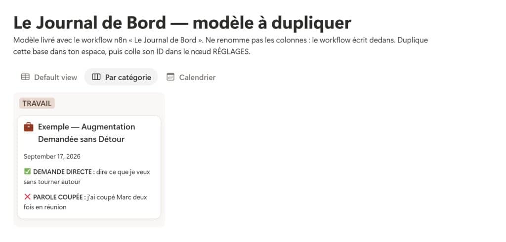 Le Journal de Bord — ce que tu retrouves dans Notion (capture du modèle Notion)