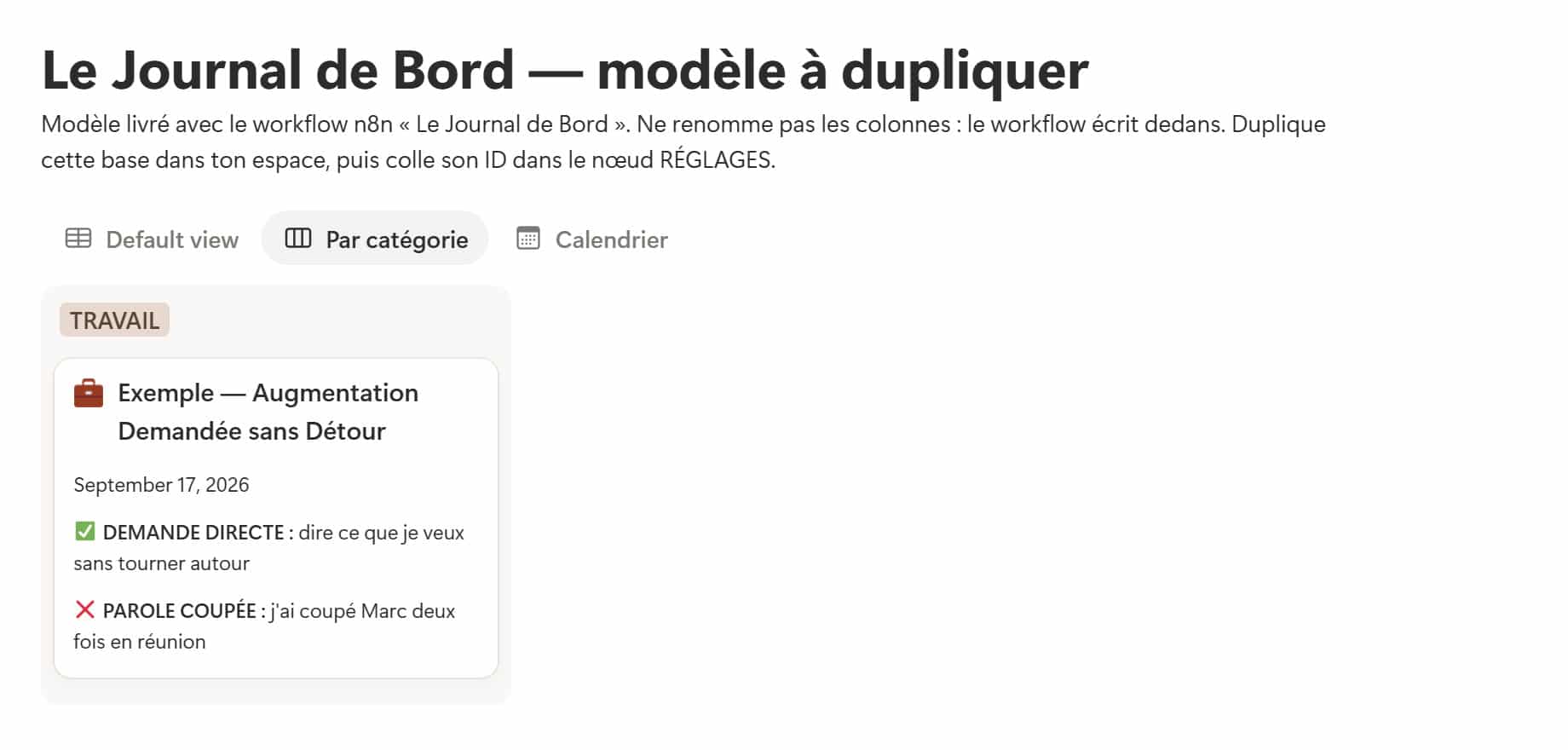 Le Journal de Bord — ce que tu retrouves dans Notion (capture du modèle Notion)